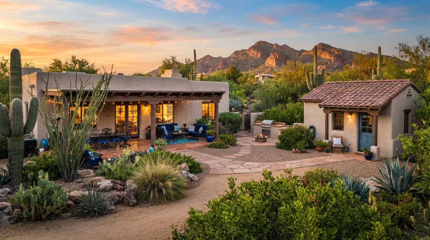A Phoenix home and detached casita beside a covered patio and desert landscaping.