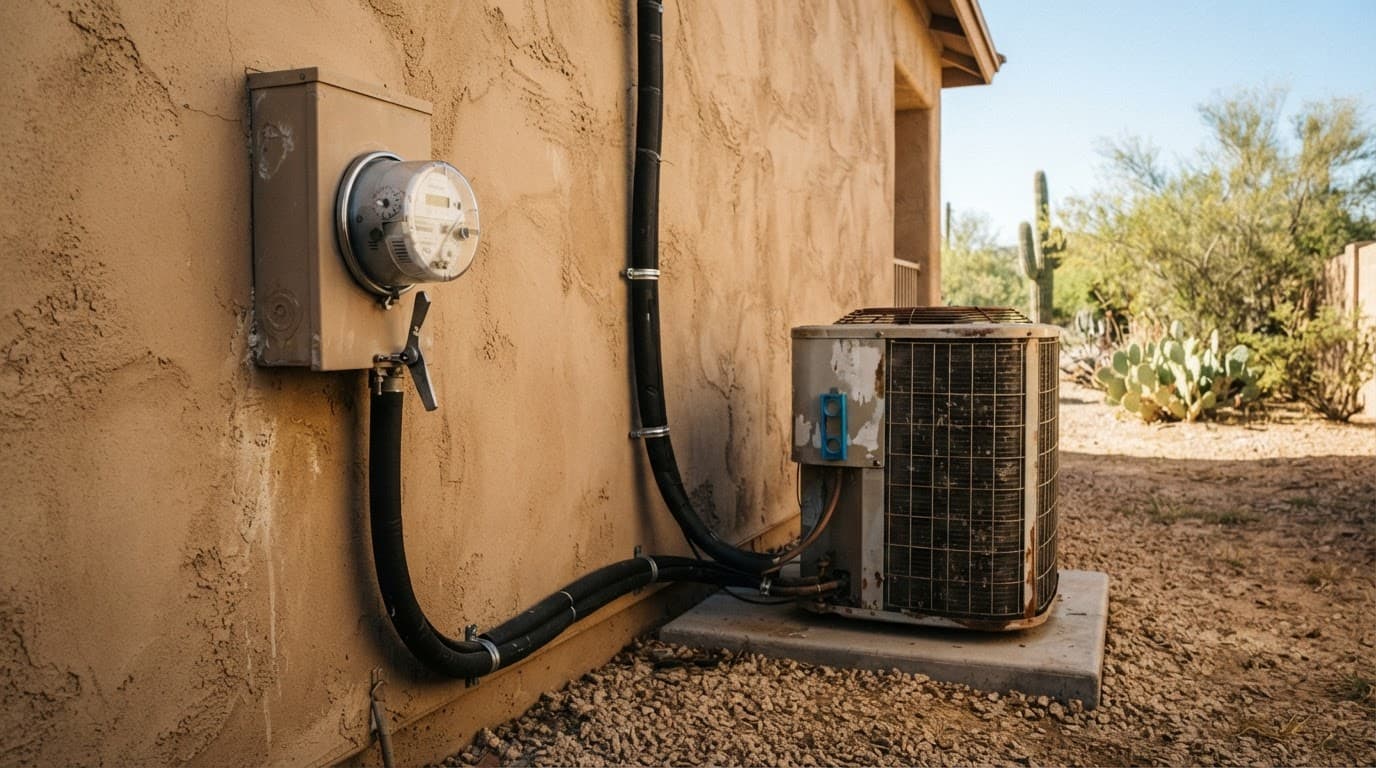 Utility meter and air conditioner beside a stucco wall in a shaded desert yard.