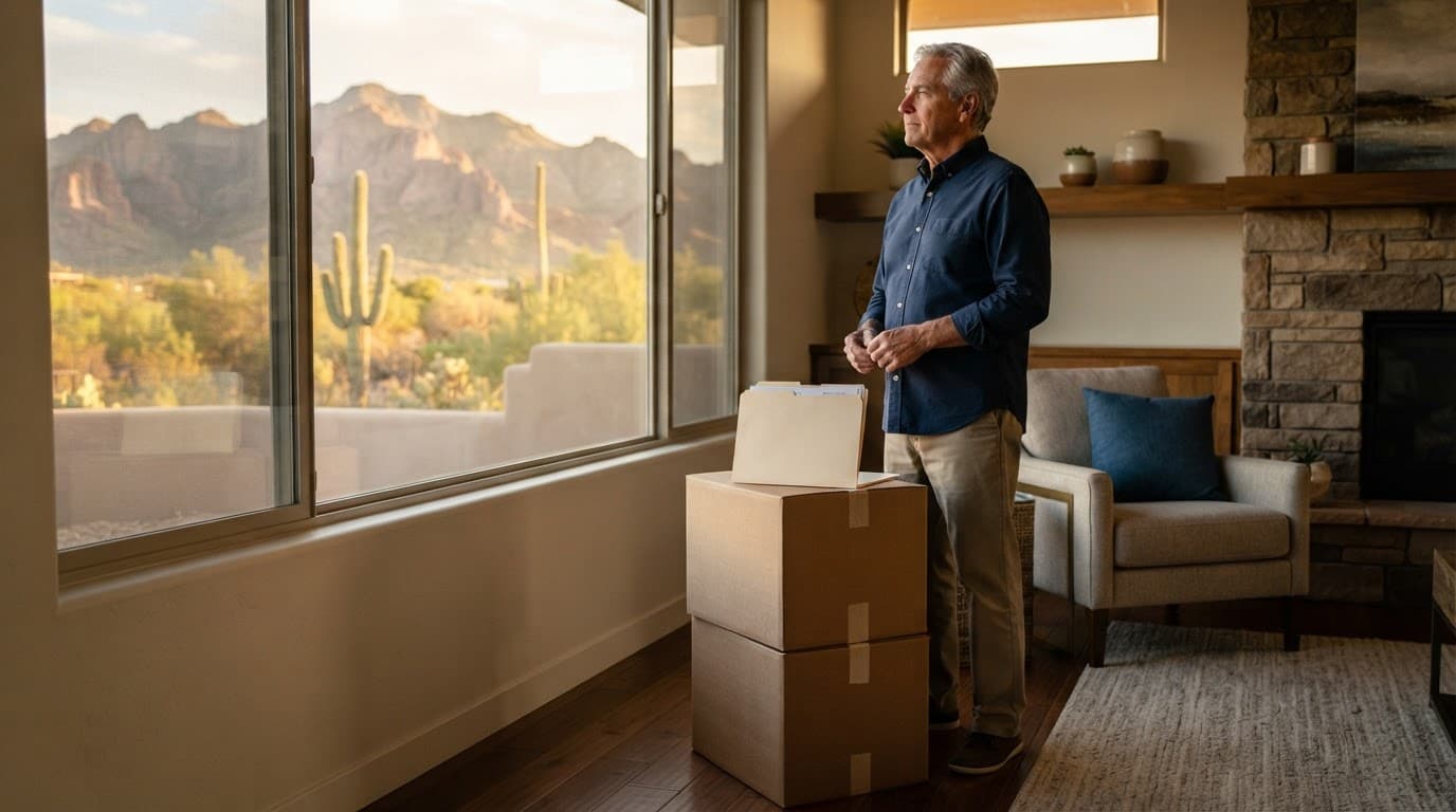 Older homeowner beside a moving box and folder in a Phoenix living room.