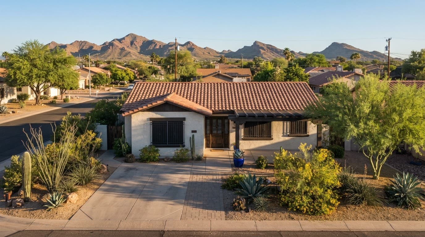 Single-story Phoenix home with a tile roof, patio, shade trees, and desert landscaping.