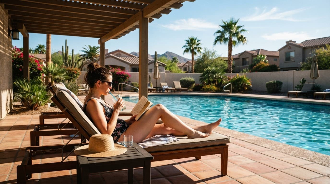 One person sits on a shaded patio beside a bright blue community pool.