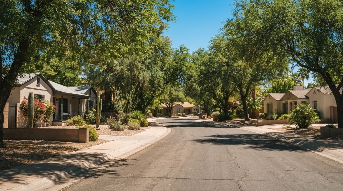 Quiet Phoenix street with ranch homes, mature trees, and a clear blue sky.