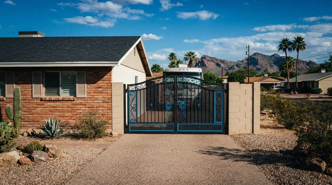 Wide metal RV gate beside a brick ranch home in sunny Phoenix.