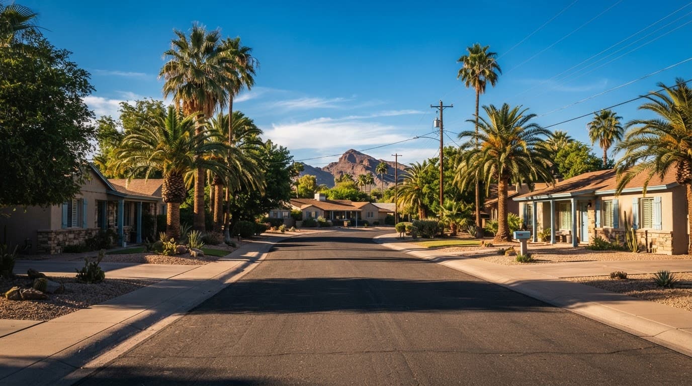 A sunny Phoenix street with palm trees and single-story ranch homes.