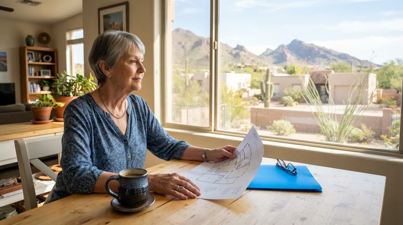 Older woman reviewing a floor plan at a kitchen table with coffee and a desert view.