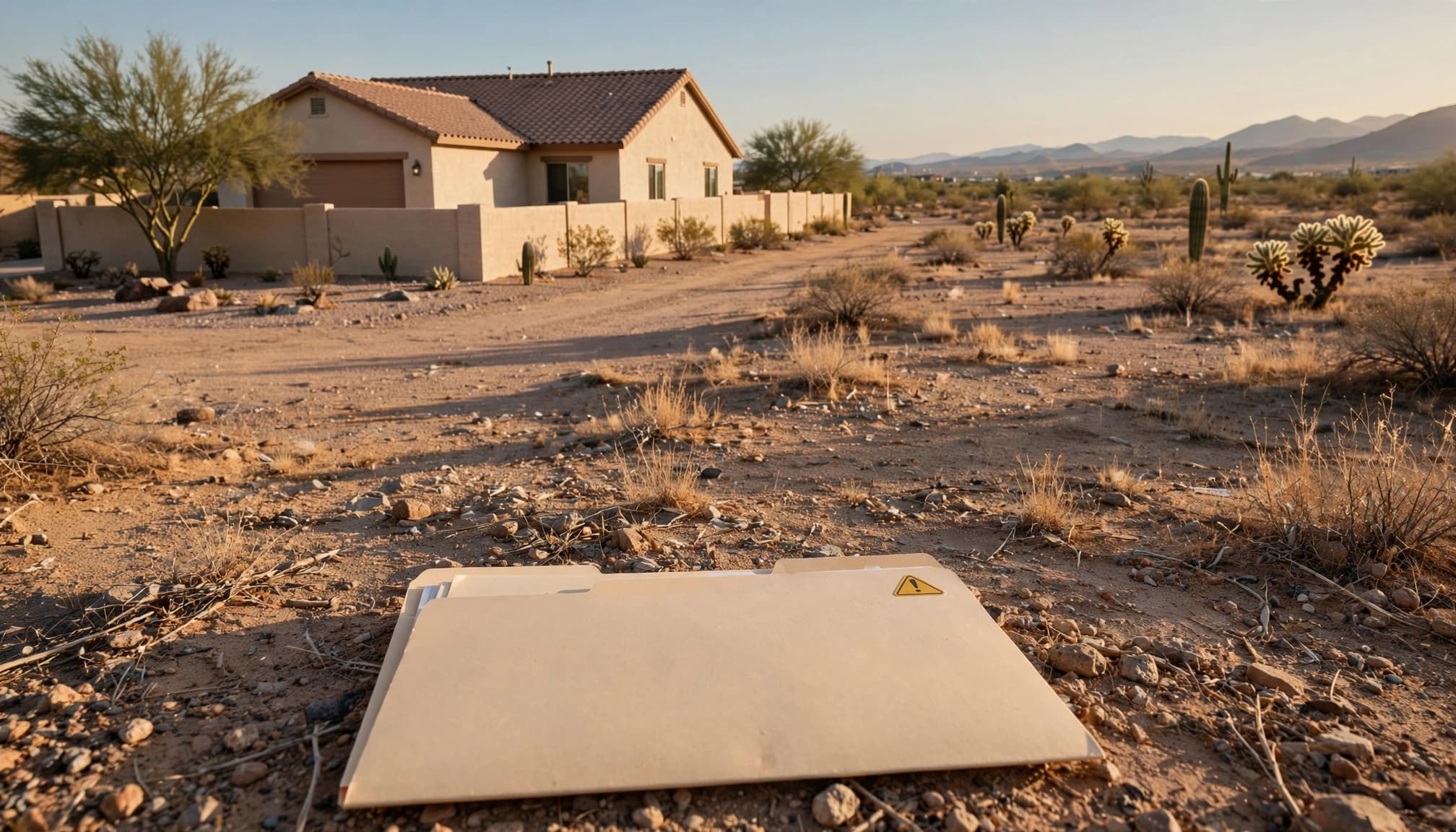An empty Arizona home beside vacant desert land with a warning symbol in front.