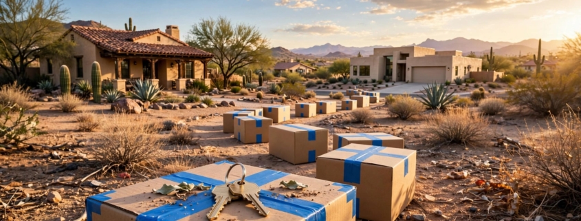 Buy before selling. Two desert homes connected by moving boxes and keys at sunset.