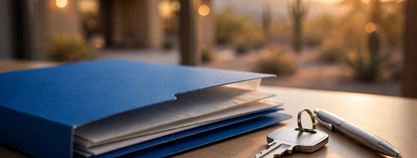 Phoenix Seller disclosure papers beside a house key and pen near an Arizona home.