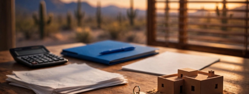 Phoenix closing costs. A Phoenix home closing table with paperwork, calculator, key, coins, and a small house model.