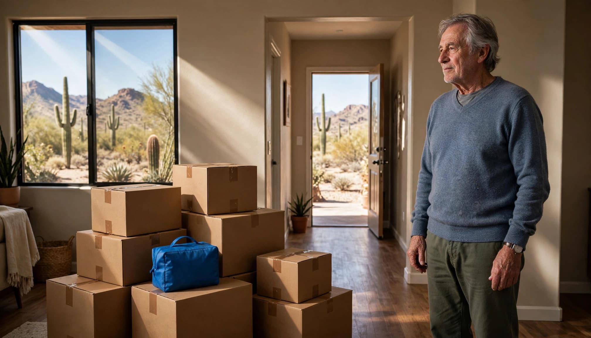 Older adult standing beside moving boxes in a bright Phoenix living room.