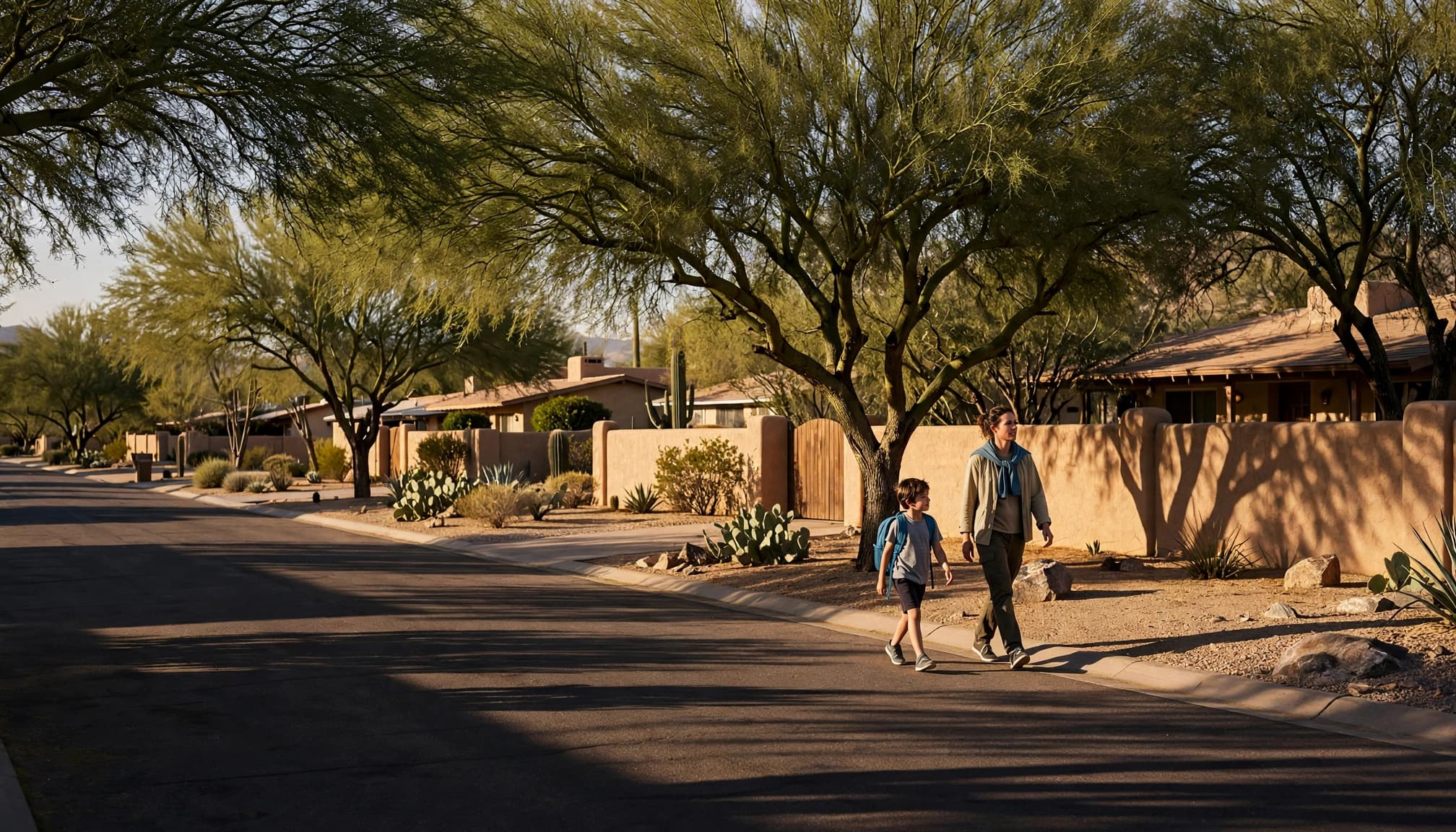 A parent and child walking under shade trees on a quiet Phoenix residential street.