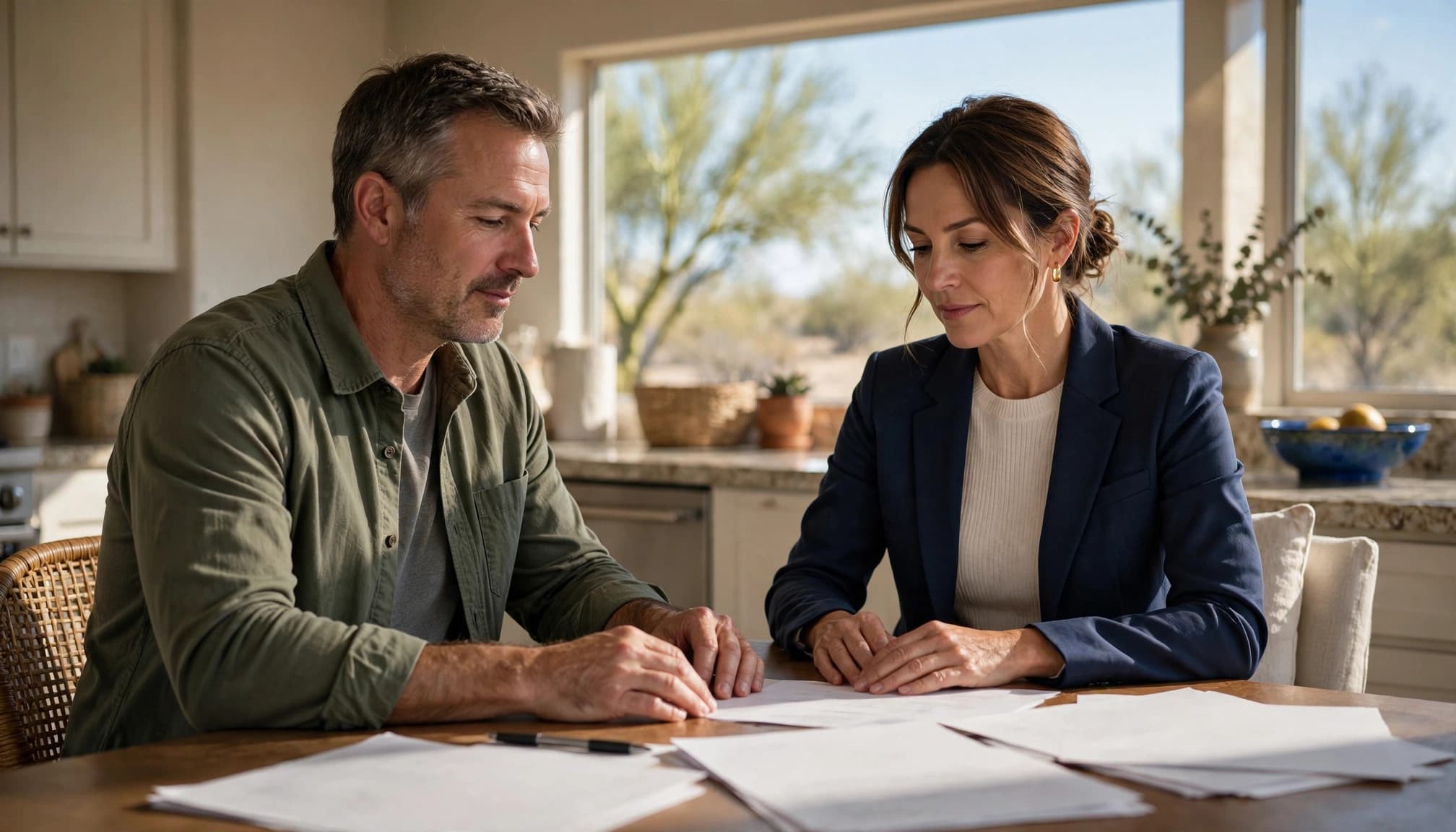 A buyer and agent review property papers at a kitchen table in a bright Phoenix home.