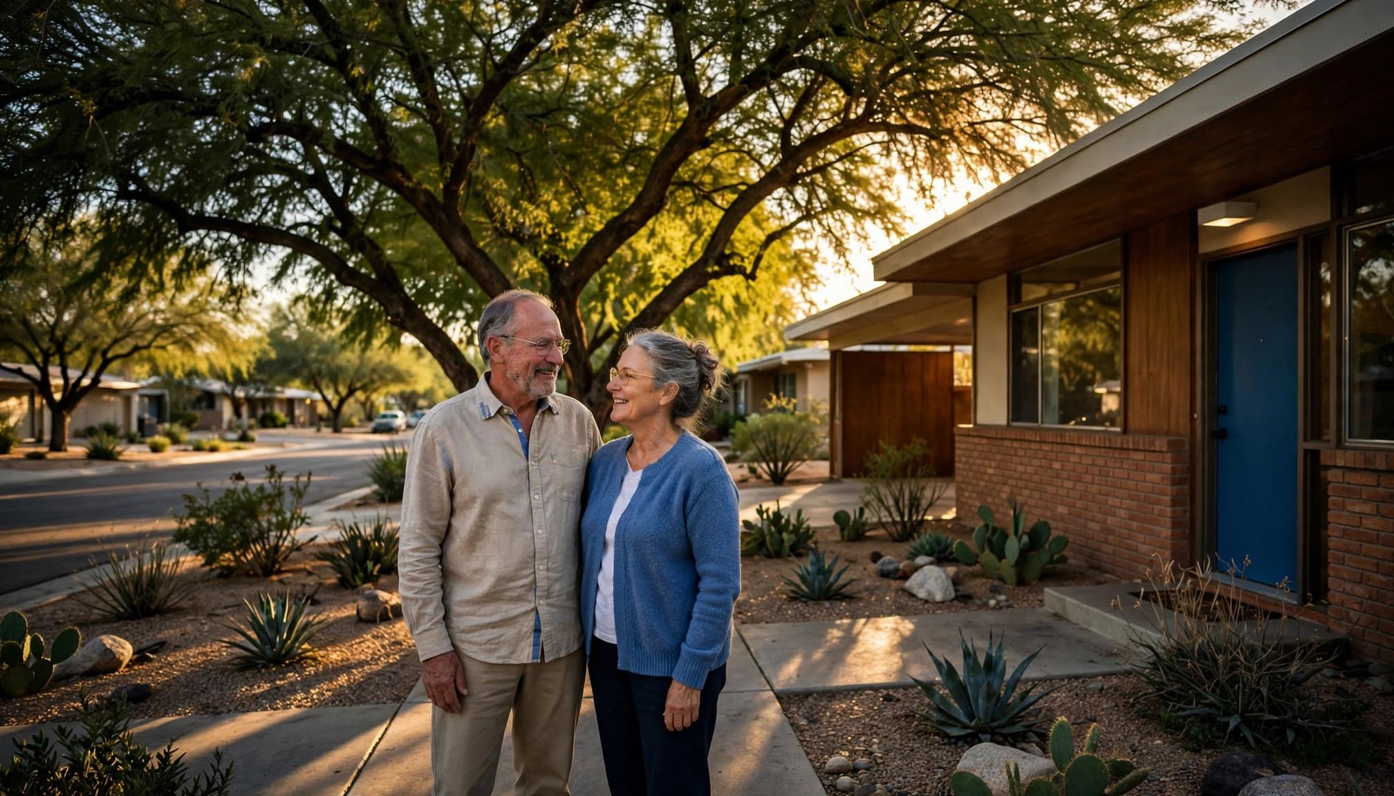 Older couple standing beside a shaded midcentury home in Phoenix.