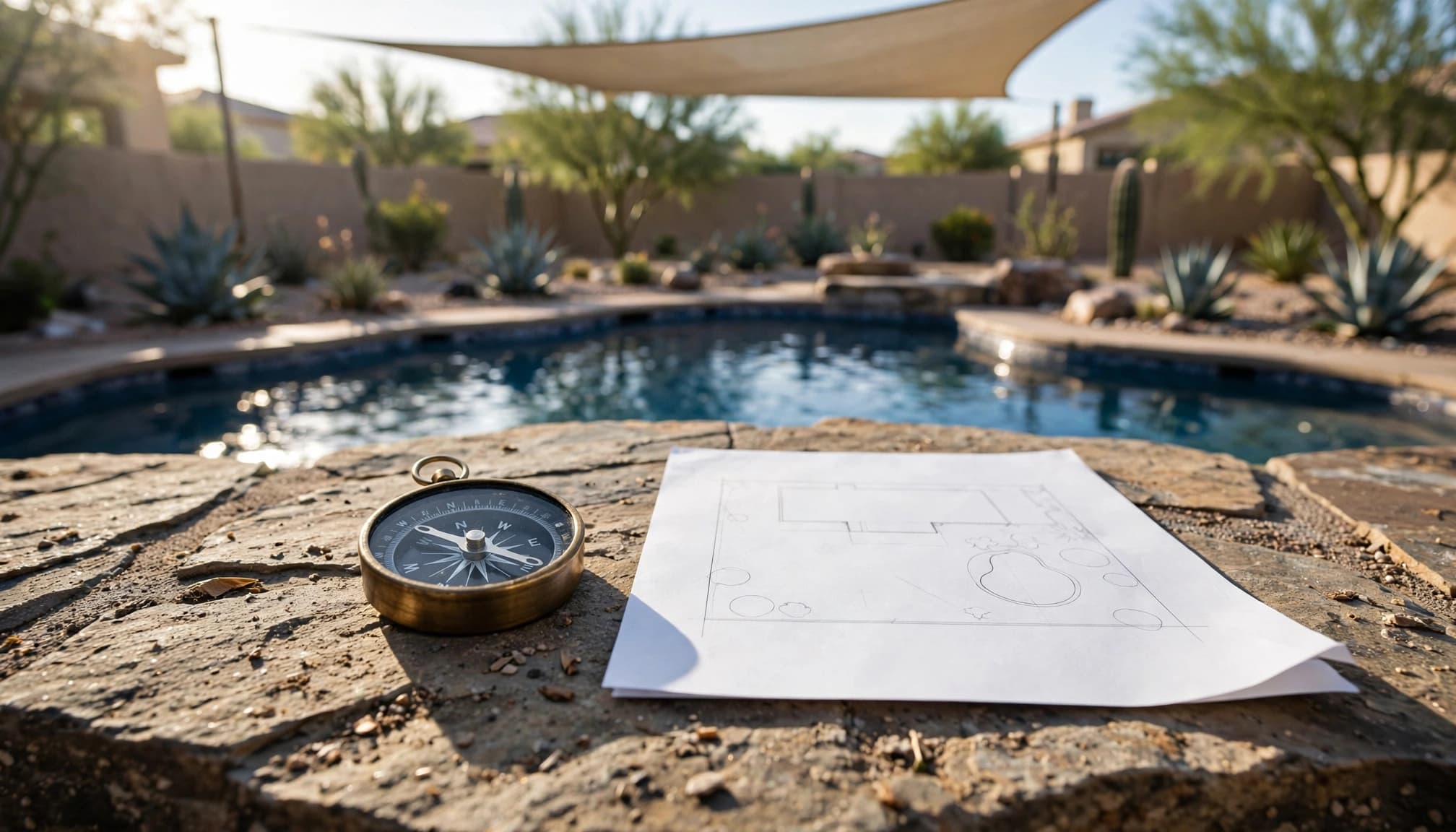 A compass and blank yard sketch sit beside a sunny backyard pool.