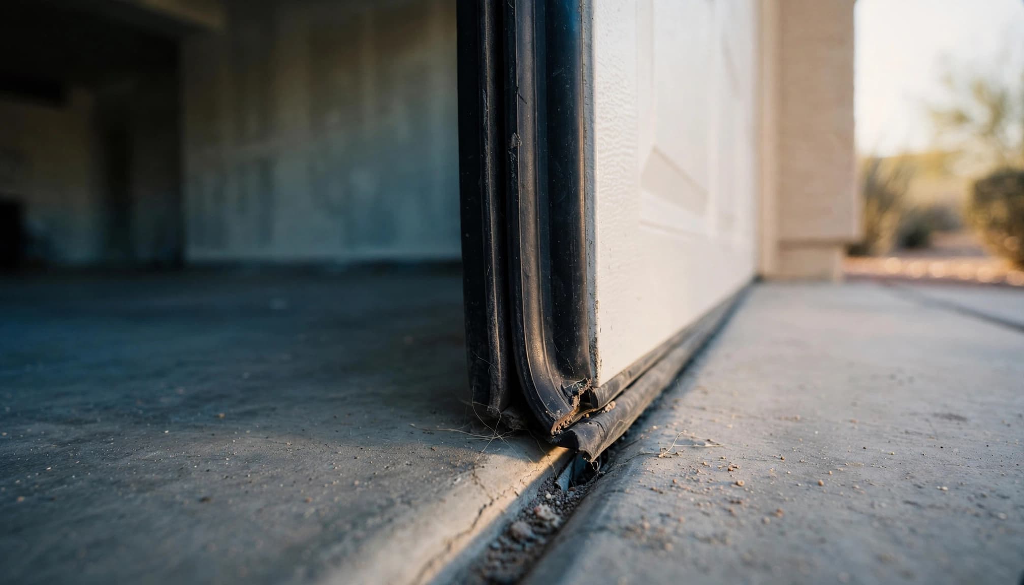 A close-up view of a garage door's worn bottom rubber seal meeting the concrete floor.