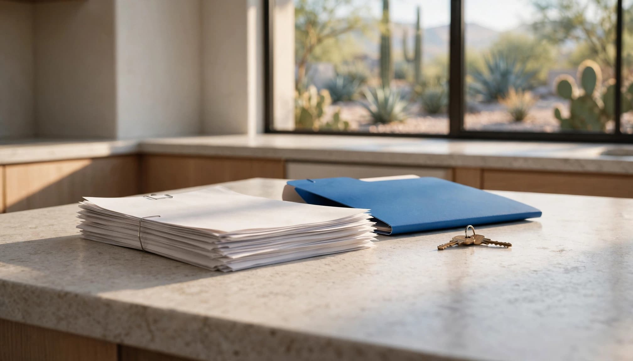 A stack of papers, a blue folder, and a key on a kitchen island with a desert view.