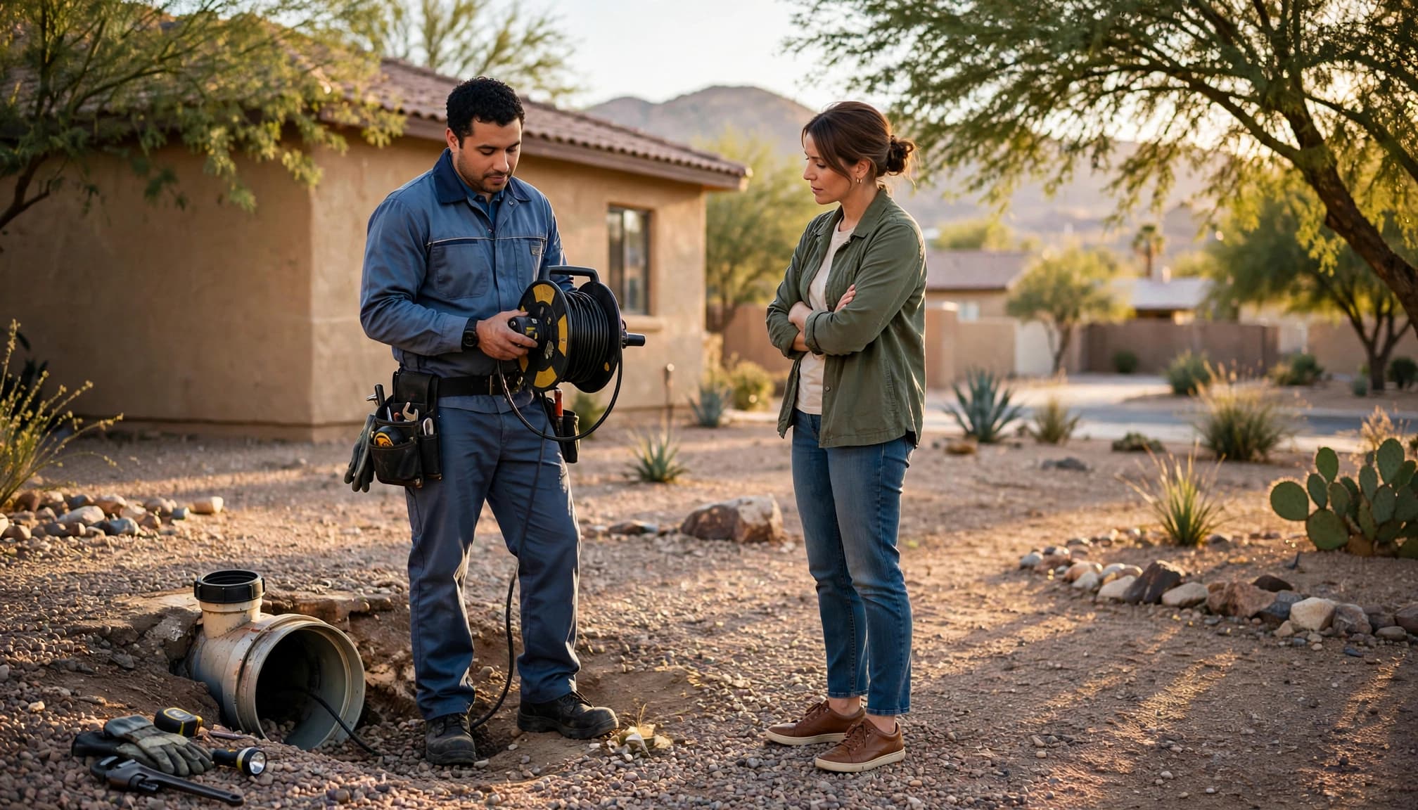 A plumbing inspector shows a homebuyer an open sewer cleanout in a Phoenix front yard.