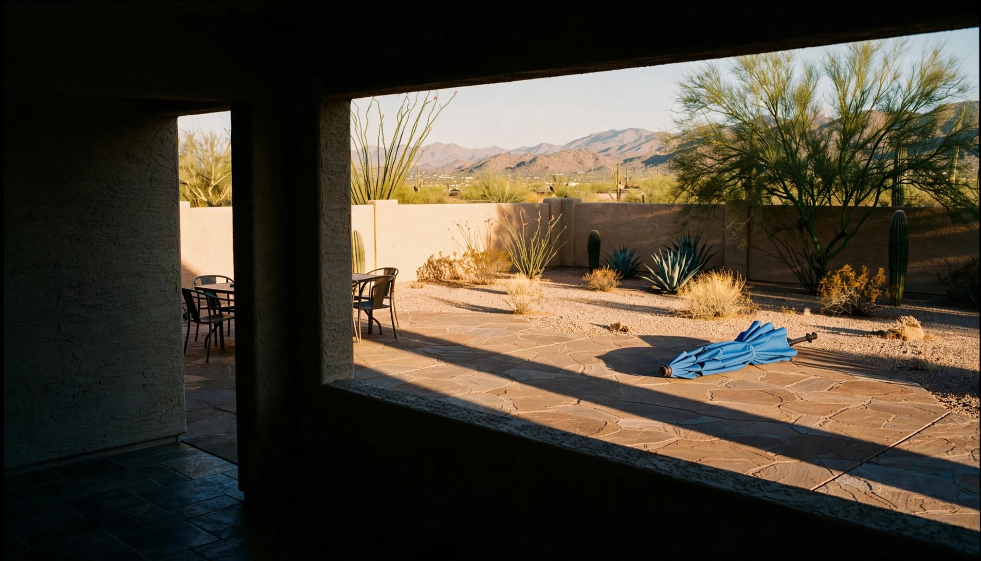 A sunlit Phoenix patio with a blue umbrella, desert trees, and mountains beyond.