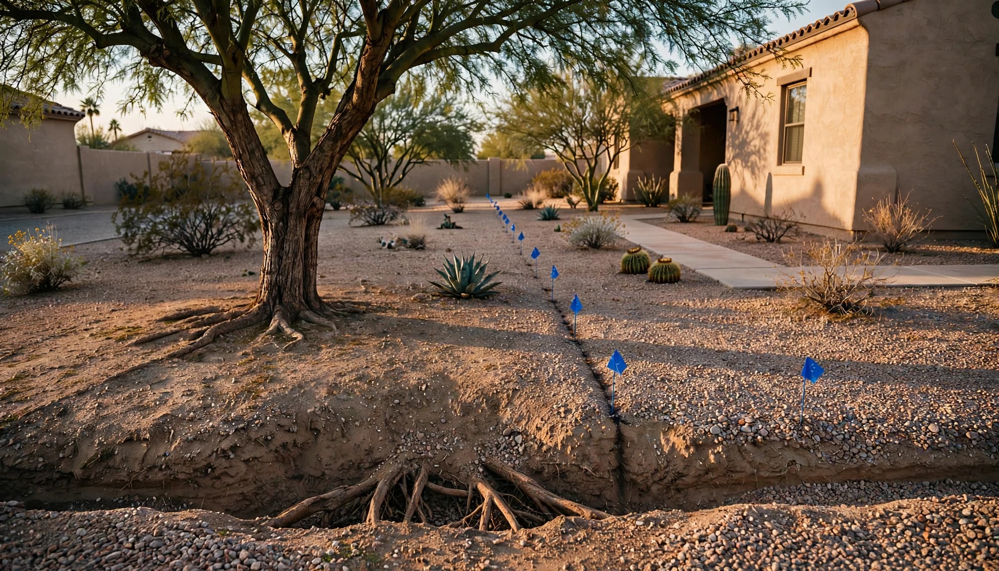 Blue flags mark a sewer route beside a tree in a gravel yard.