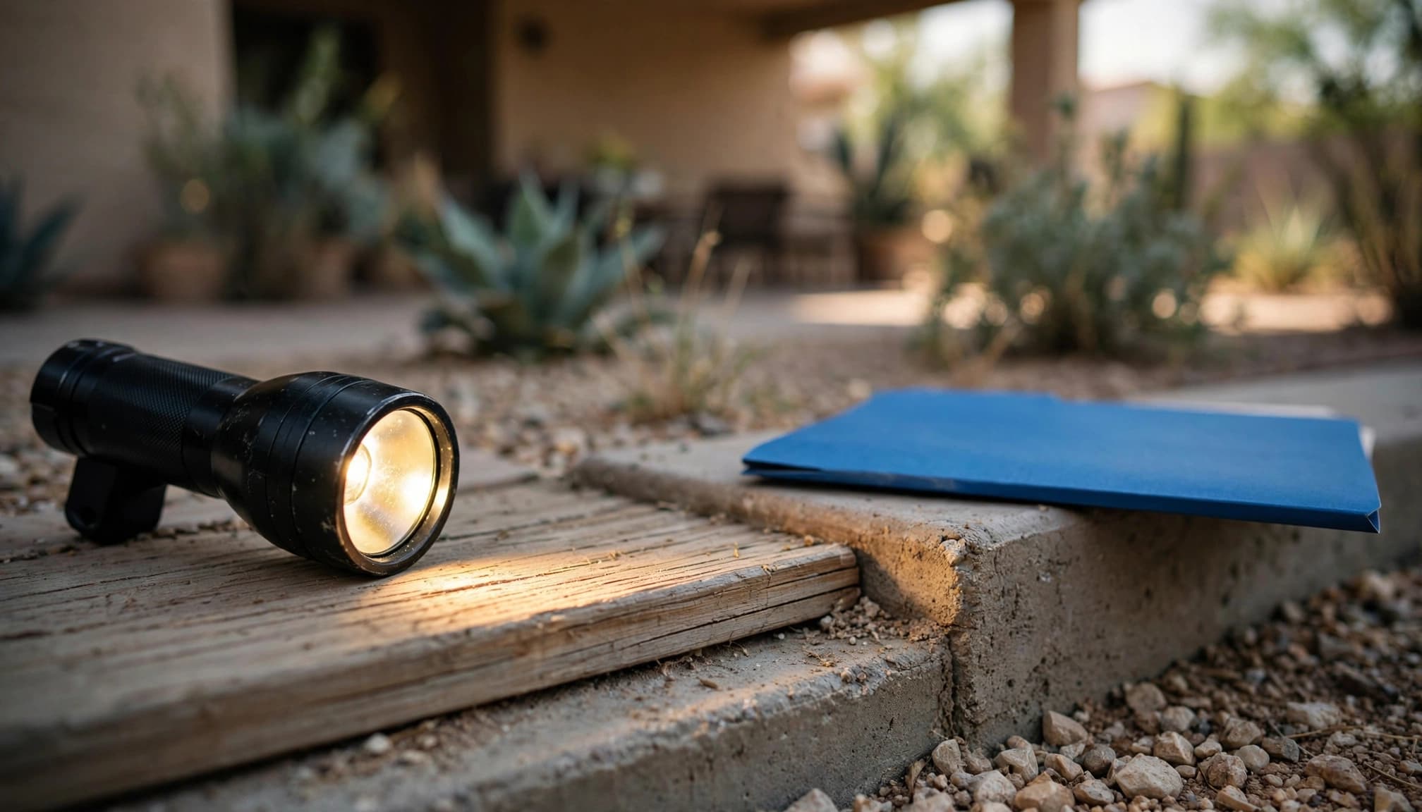 A black flashlight illuminating a wooden sill next to a blue folder on an outdoor ledge.