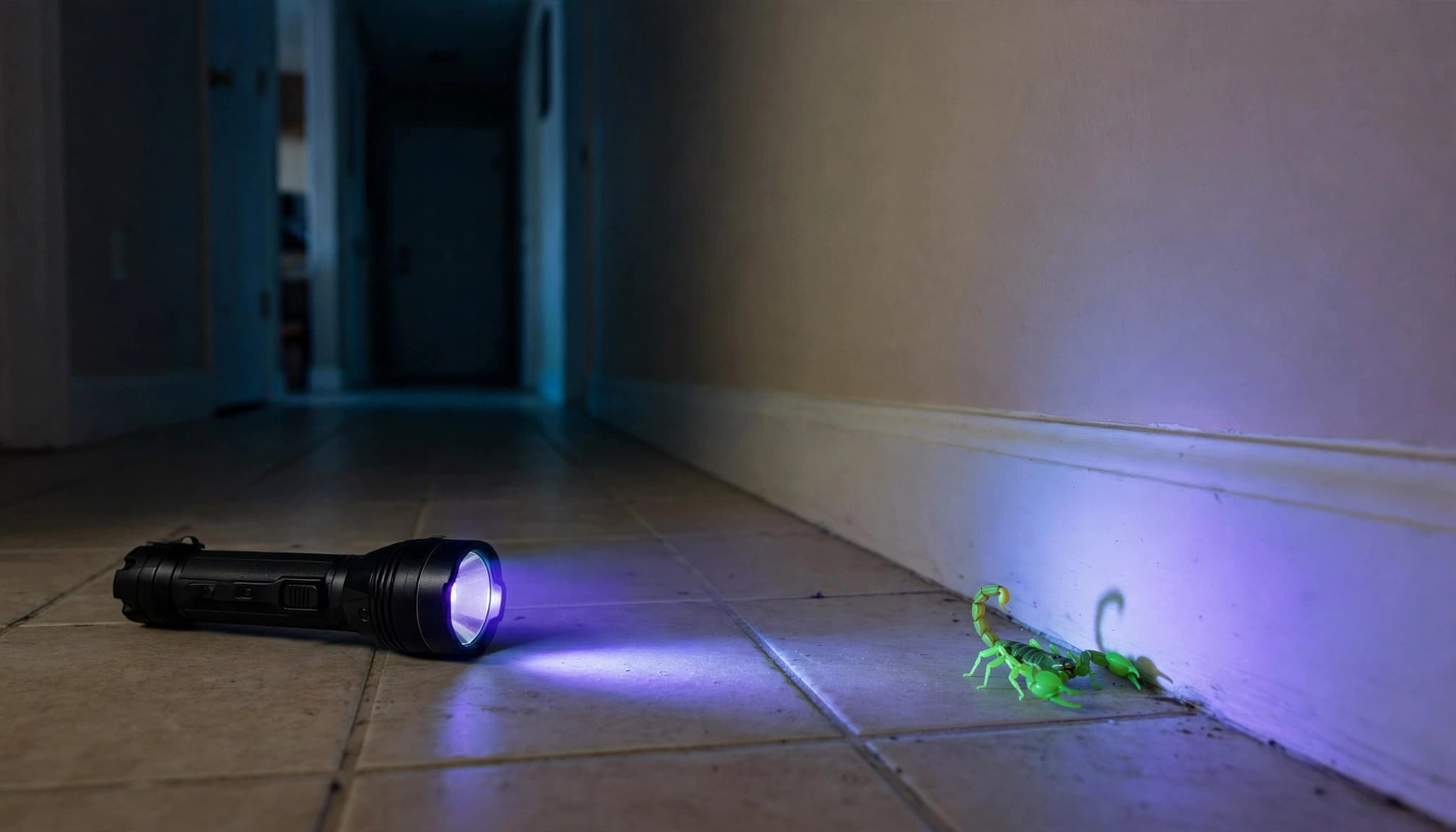 A UV flashlight on a tile floor casts a violet beam toward a glowing green scorpion by the baseboard.